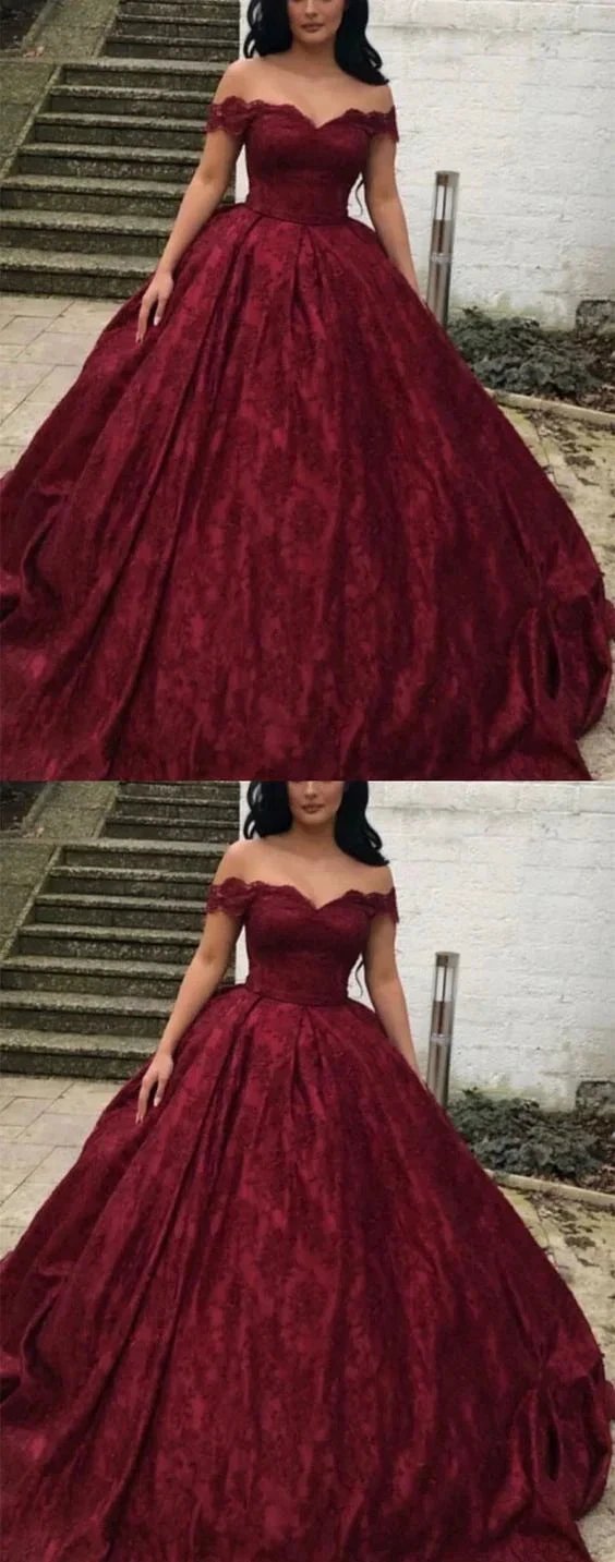Charming Burgundy Lace Ball Gown Off Shoulder Wedding Dresses Y1564 by simplepromdress