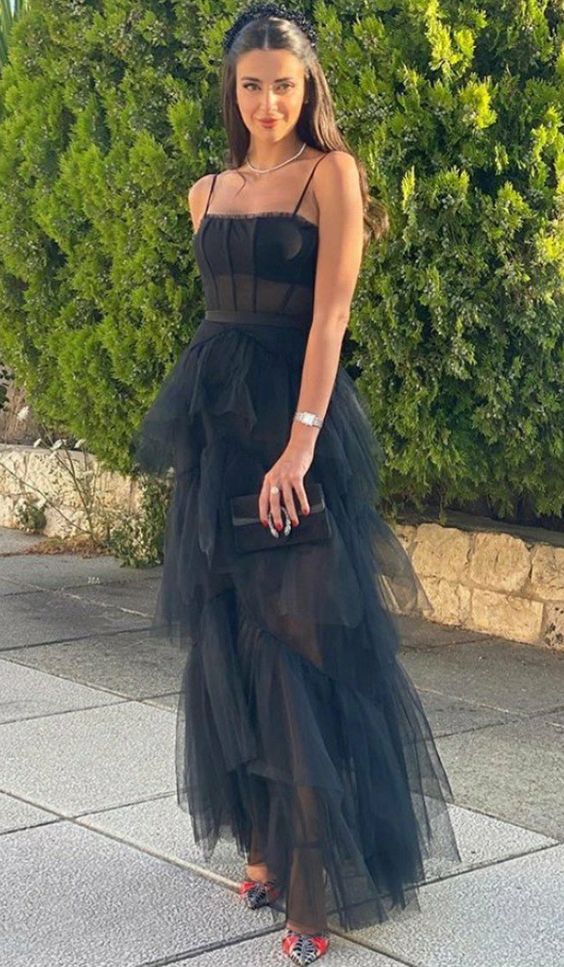 Spaghetti Strap Mesh Corset Gown Long Prom Dress Black Evening Dress - VelvetHem