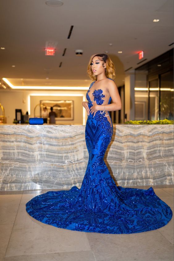 Royal Blue Mermaid Long Prom Dress With Train Sexy Evening Dress - VelvetHem
