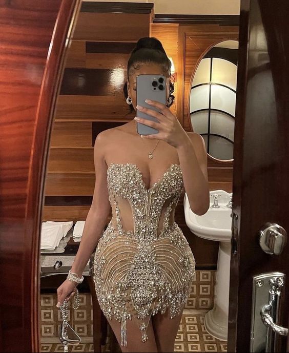 Luxurious Beaded Champagne Party Dress Short Sexy Club Dress