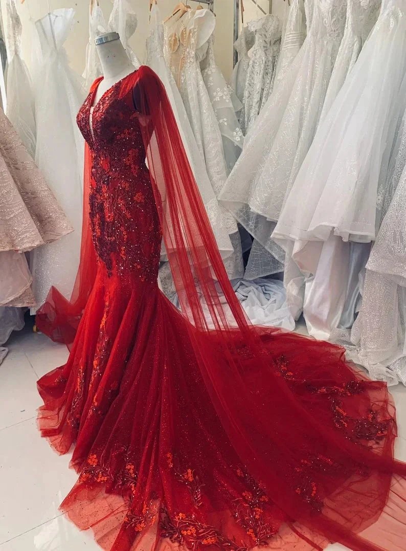 Unique Red Vintage Wedding Dress,Princess Bridal Gown Mermaid Prom Dress (ZD13609)
