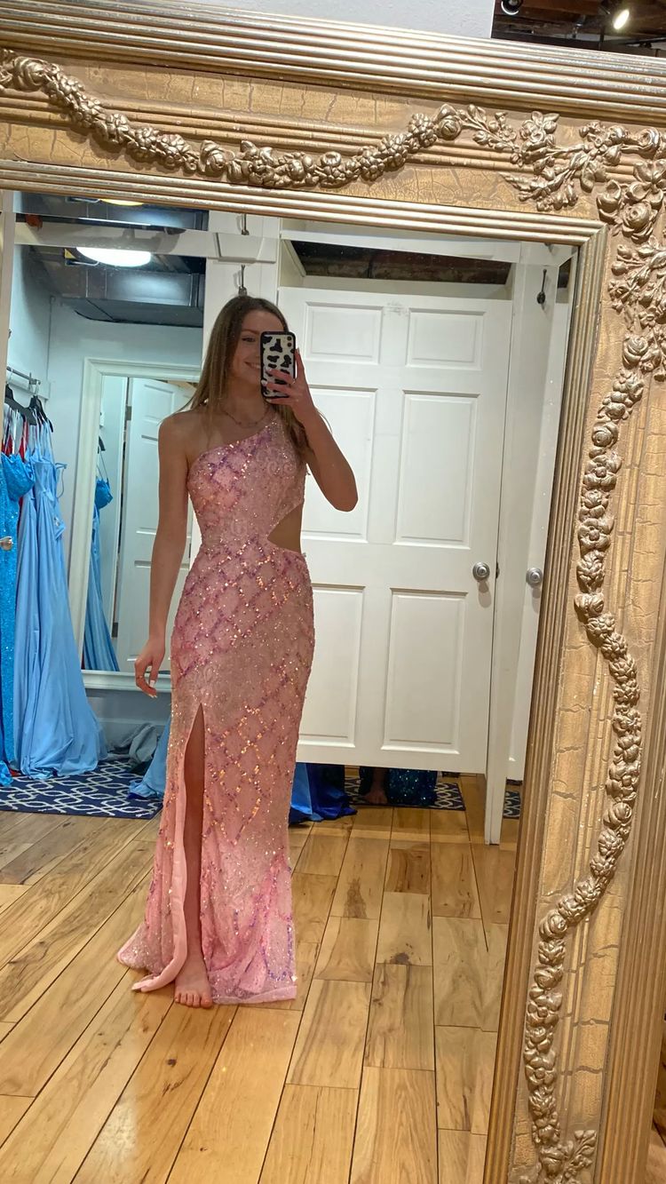 Chic One Shoulder Pink Sequins Evening Dress ,Sparkly Pink Evening Gown Y1633 - VelvetHem