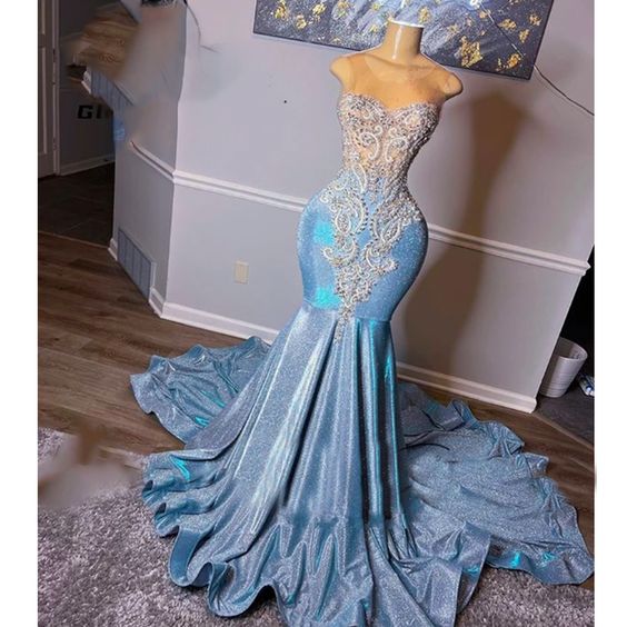 Light blue prom dresses, crystal evening dresses, sequins evening gowns, mermaid prom dresses, court train evening dresses Y1593 - VelvetHem