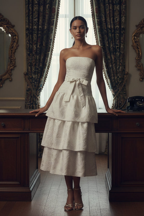 Strapless Tube Waist Tie Tiered Midi Dress
