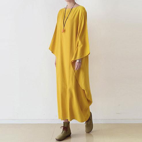 Yellow Cotton Maxi Dress Plus Size Casual Caftans Batwing Sleeve