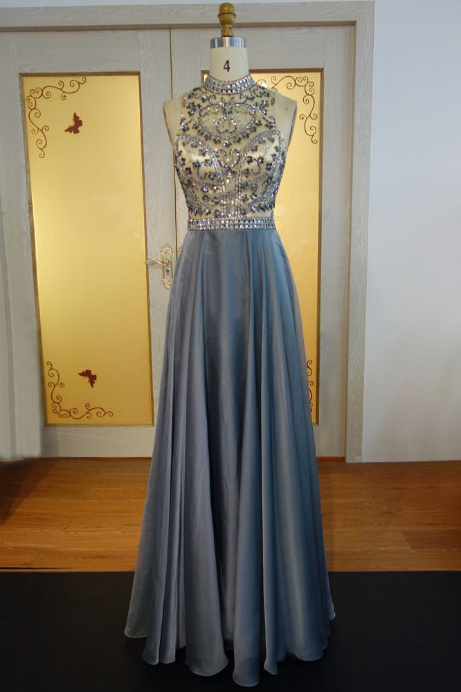 Floor Length A-line Halter Crystal Beading Chiffon Prom Dresses - VelvetHem