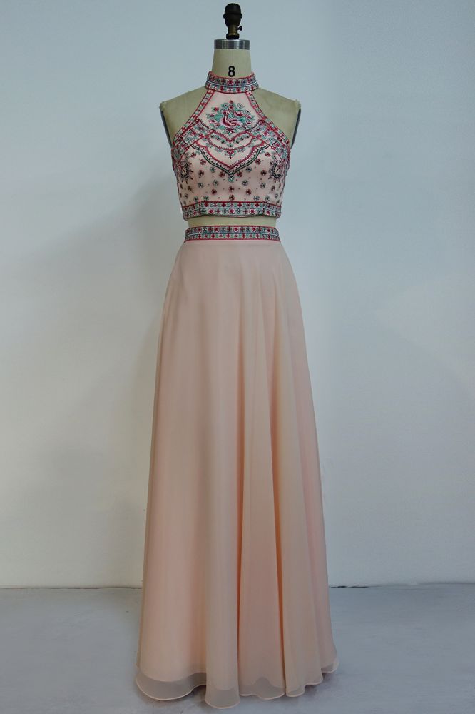Floor Length Halter A-line Two-piece Chiffon Appliques Prom Dresses - VelvetHem