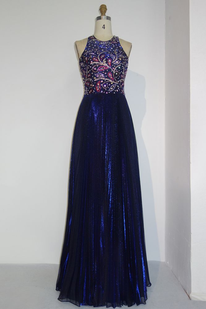 Floor Length Sequined A-line Crew Sleeveless Crystal Beading Prom Dresses - VelvetHem