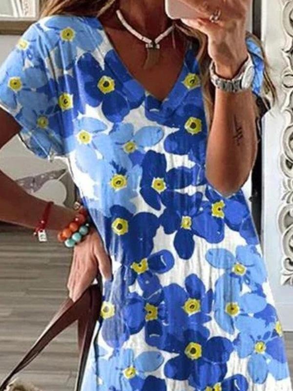 Flower Print V Neck Short Sleeve Split Dress