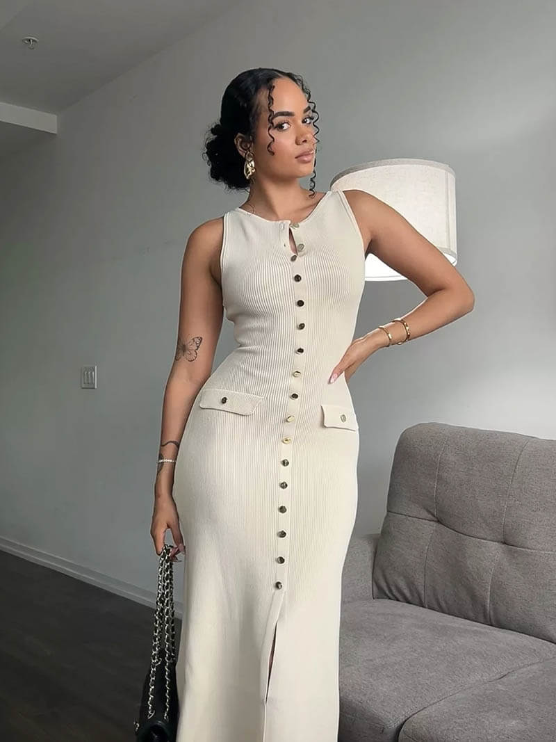 Raquel Sleeveless Maxi Dress with Button Closure for Women