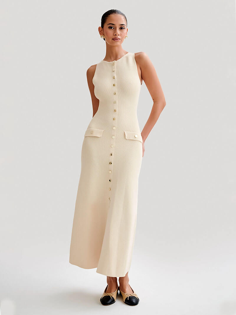 Raquel Sleeveless Maxi Dress with Button Closure for Women