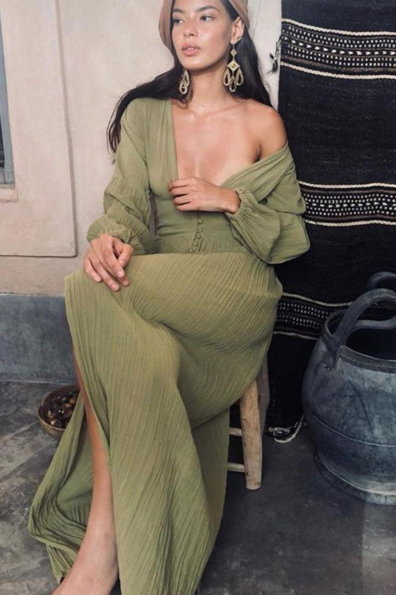 Nicolasa Statement Pleated V Neck Milkmaid Maxi Dress Boutique Collection