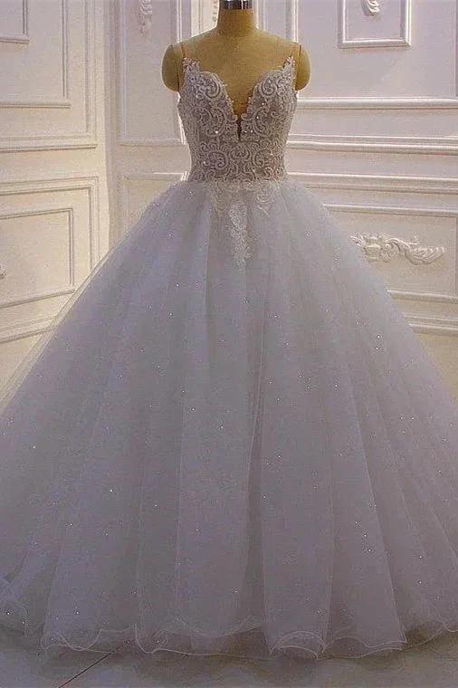 Glamorous A-line V-neck Sleeveless Wedding Dress With Lace (ZD14545) - VelvetHem