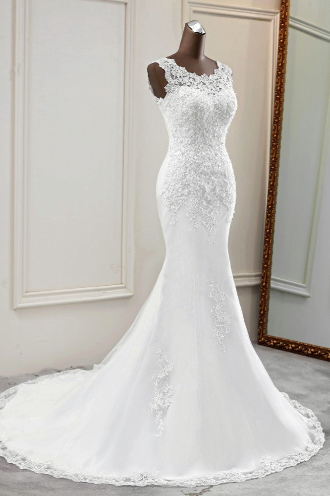 Glamorous Jewel Lace Beading Wedding Dresses Sleeveless Appliques Mermaid Bridal Gowns (ZD17452)