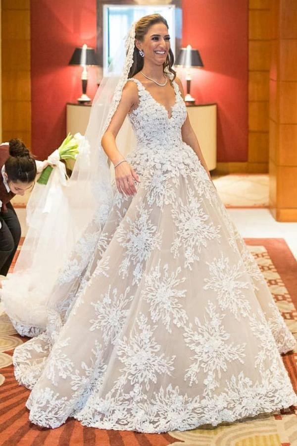 Glamorous Long A-line V-neck Lace Wedding Dress (ZD15028) - VelvetHem