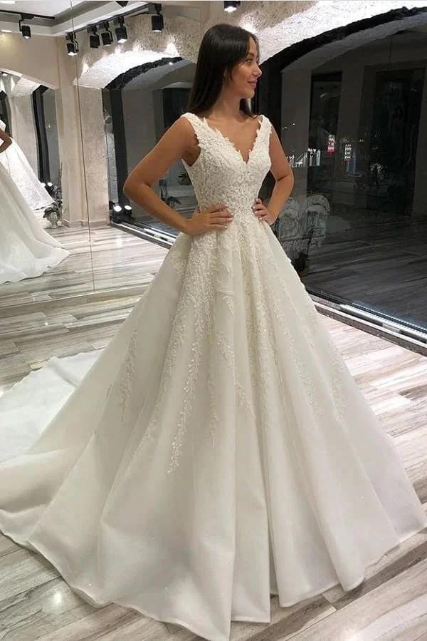 Glamorous Long A-line V-neck Sleeveless Lace Wedding Dress (ZD15117)