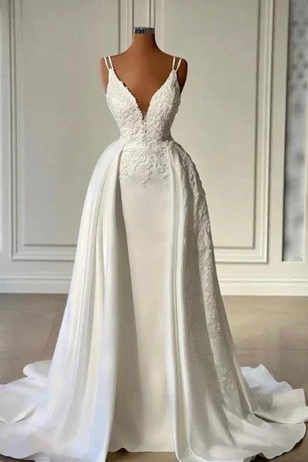 Glamorous Long Ivory A-line V-neck Sleeveless Lace Wedding Dress (ZD15609) - VelvetHem