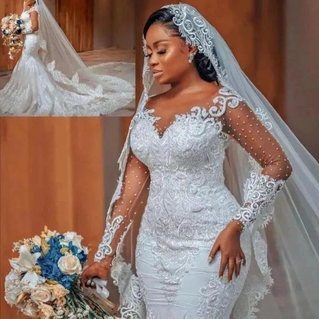 Glamorous Long Mermaid Appliques Long Sleeves Wedding Dresses With Lace (ZD16537)