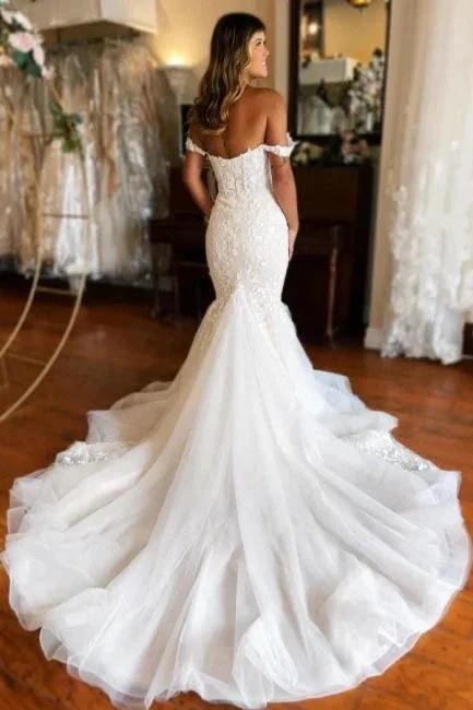 Glamorous Long Mermaid Off-the-shoulder Lace Sleeveless Wedding Dress with Train (ZD15599)