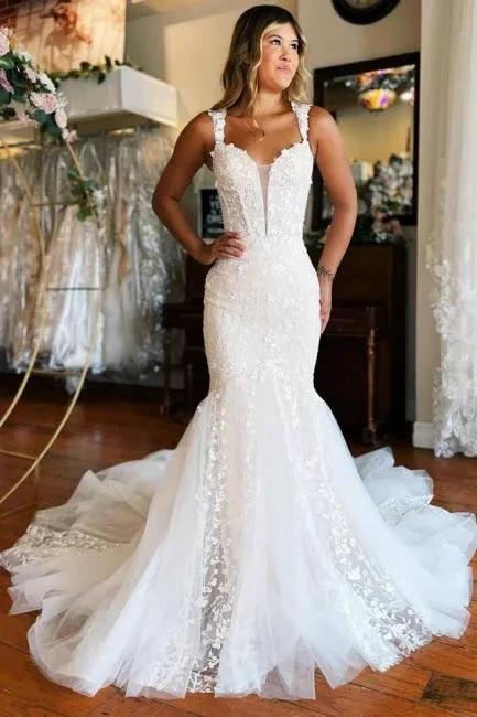 Glamorous Long Mermaid Off-the-shoulder Lace Sleeveless Wedding Dress with Train (ZD15599) - VelvetHem