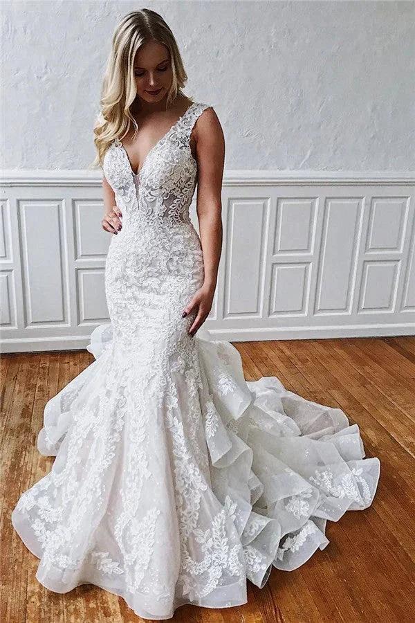 Glamorous Long Mermaid Straps Ruffled Lace Wedding Dresses (ZD14337)