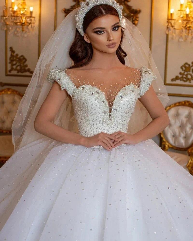 Glamorous Long Princess Off the Shoulder Beading Pearl Tulle Wedding Dress (ZD14309)