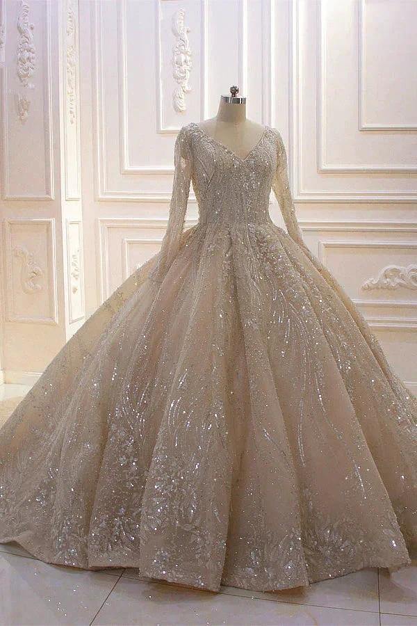 Glamorous Long Sleeve V-neck Sequin Beading Ball Gown Wedding Dress (ZD15191) - VelvetHem