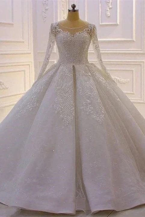 Glamorous Long Sleeves A-line Princess Satin Wedding Dress With Lace (ZD14536)