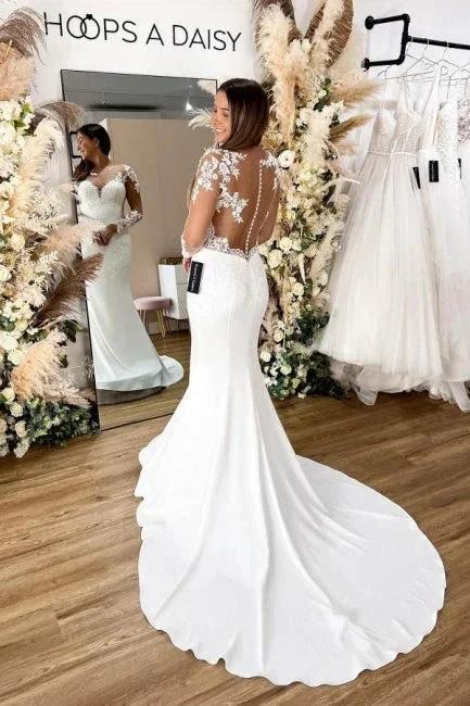 Glamorous Long Sleeves Hollow Back Floral Lace Mermaid Wedding Dress (ZD14501)