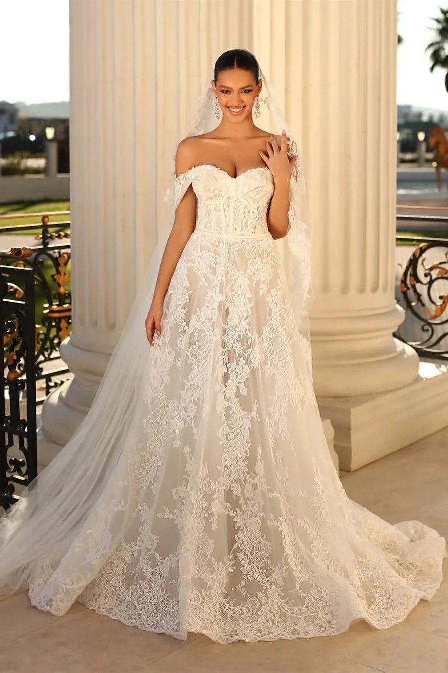 Glamorous Long White A-line Off-the-shoulder Lace Wedding Dress (ZD14814)