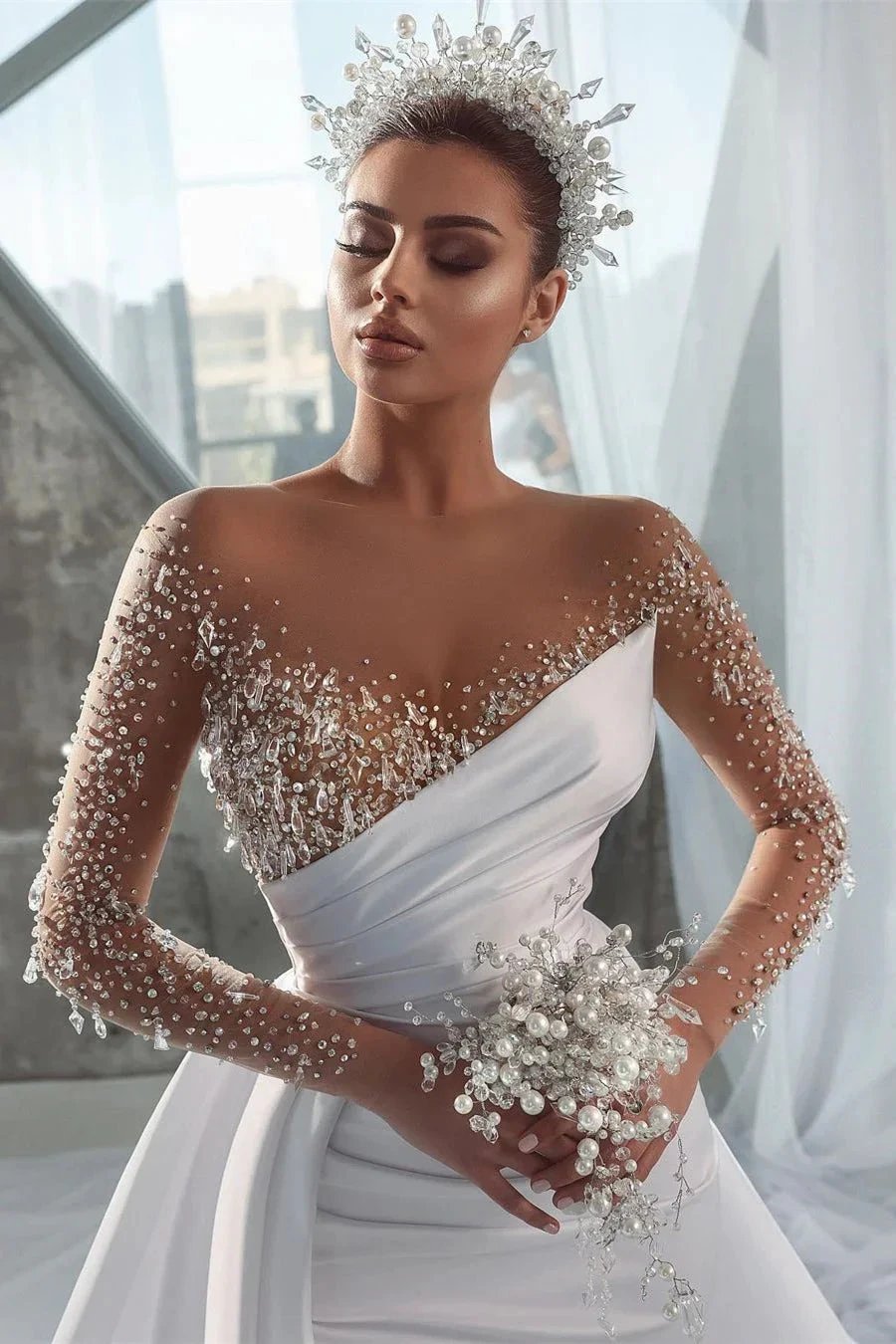 Glamorous Long White Long Sleeves Satin Crystal Wedding Dress With Detachable Train (ZD16403)