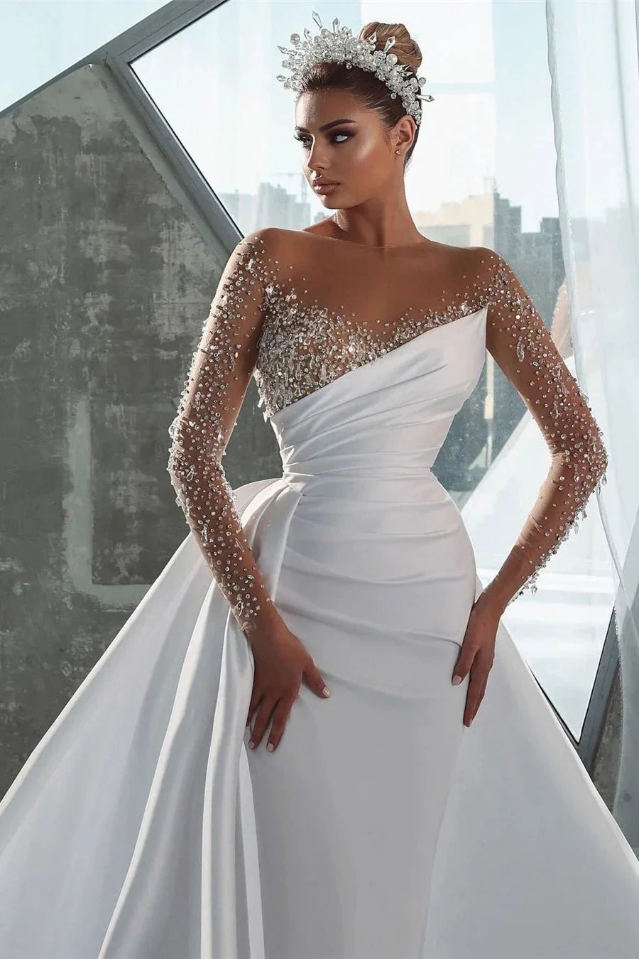 Glamorous Long White Long Sleeves Satin Crystal Wedding Dress With Detachable Train (ZD16403)