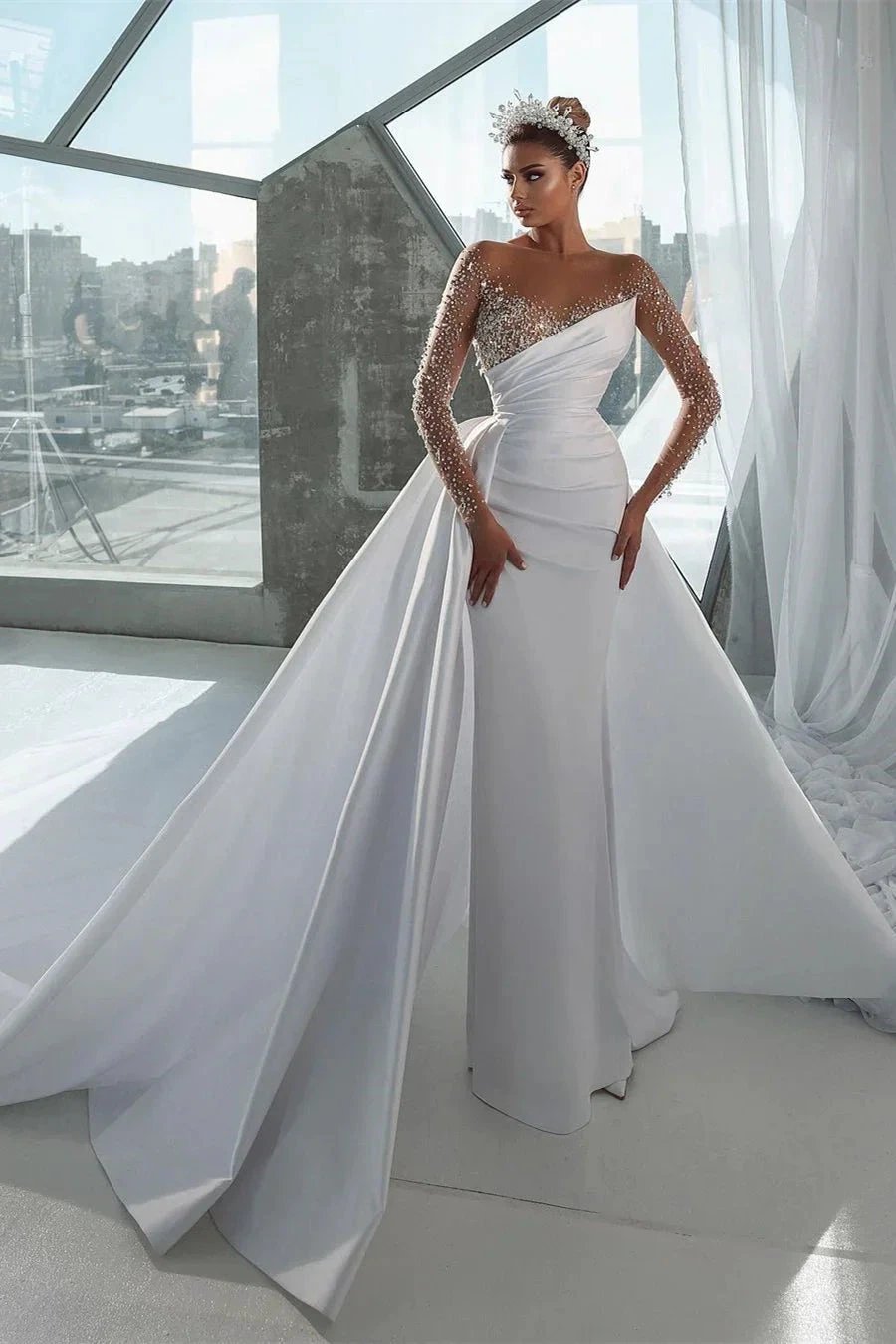 Glamorous Long White Long Sleeves Satin Crystal Wedding Dress With Detachable Train (ZD16403)