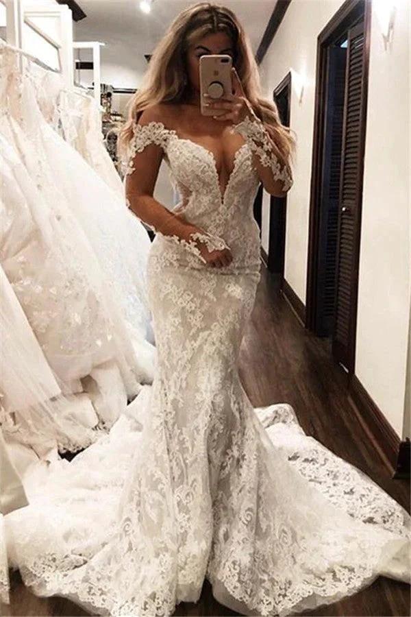 Glamorous Off-the-Shoulder Long Sleeves V-Neck Appliques Mermaid Wedding Dress (ZD13845)