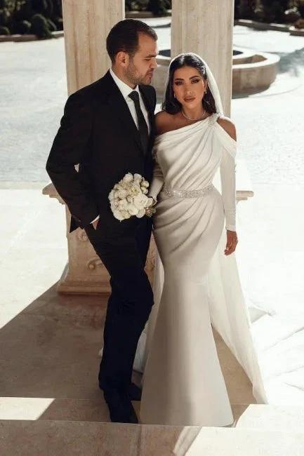 Glamorous one shoulder long sleeves mermaid satin Wedding dress with ruffles (ZD16405)