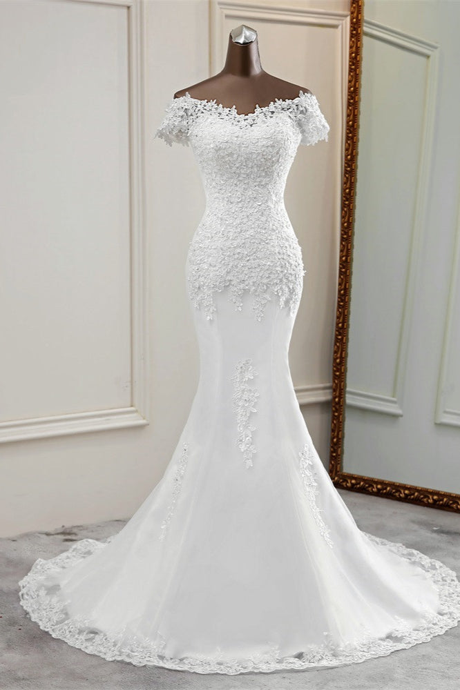 Glamorous Sweetheart Lace Beading Wedding Dresses Short Sleeves Appliques Mermaid Bridal Gowns (ZD17453)
