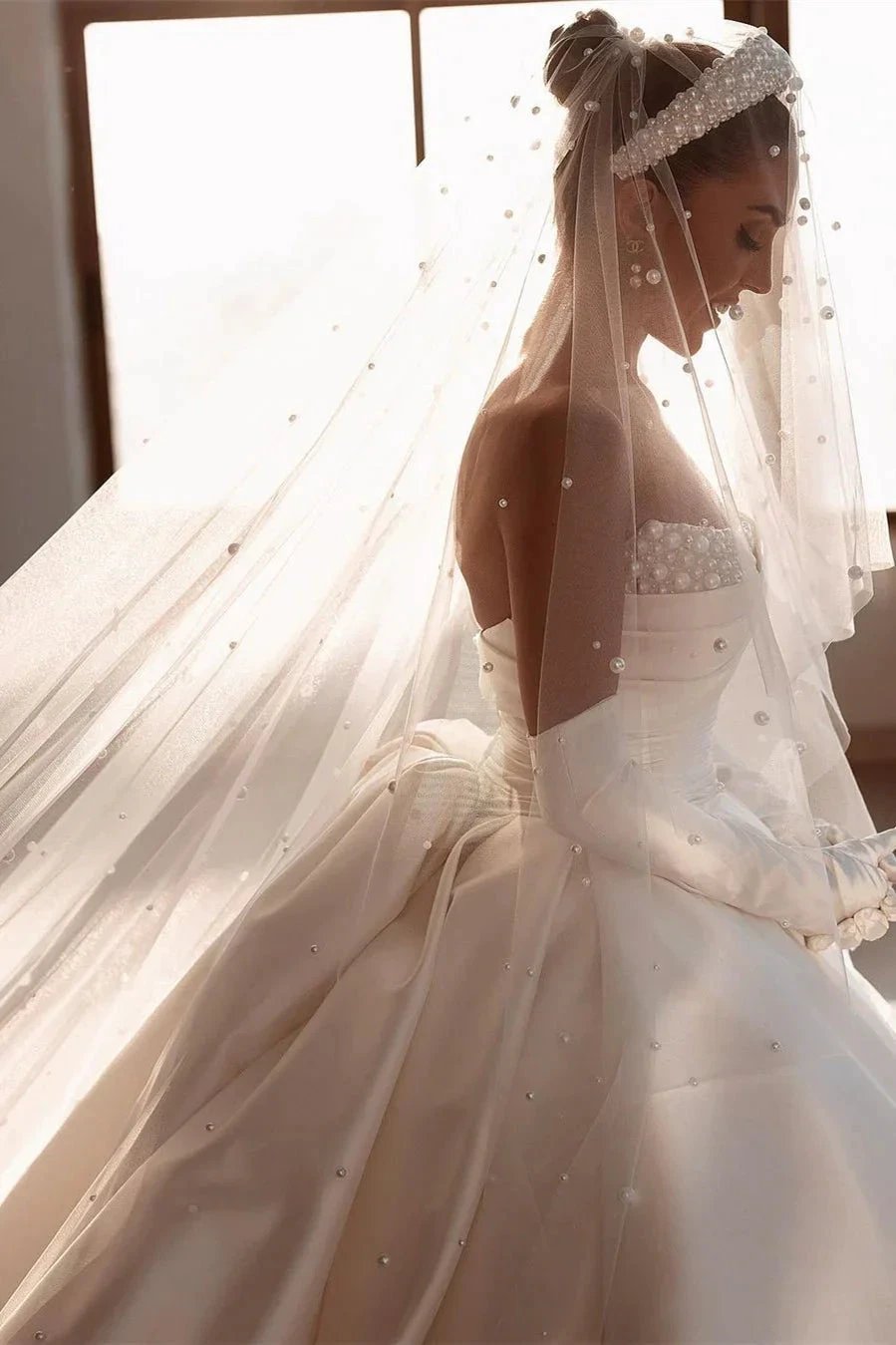 Glamorous White A-line Beading Satin Wedding Dress With Train (ZD16558)