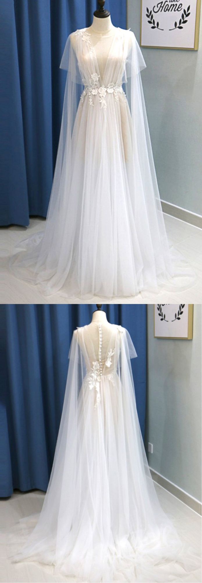 Glamorous White Tulle V-Neck Beach Wedding Dress A Line Flower Bridal Gowns On Sale (ZD17435)