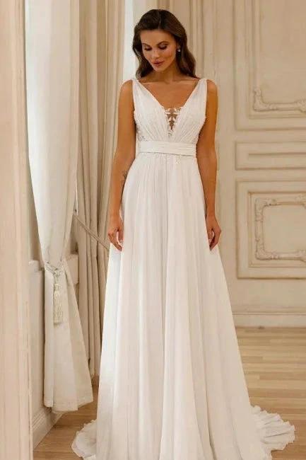 Gorgeous A-Line Chiffon Lace V-Neck Sleeveless White Wedding Dresses With Openback (ZD16668) - VelvetHem