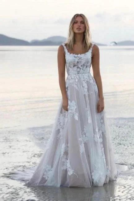 Gorgeous A-Line Lace Scoop Sleeveless White Wedding Dresses With Appliques Train (ZD16679)