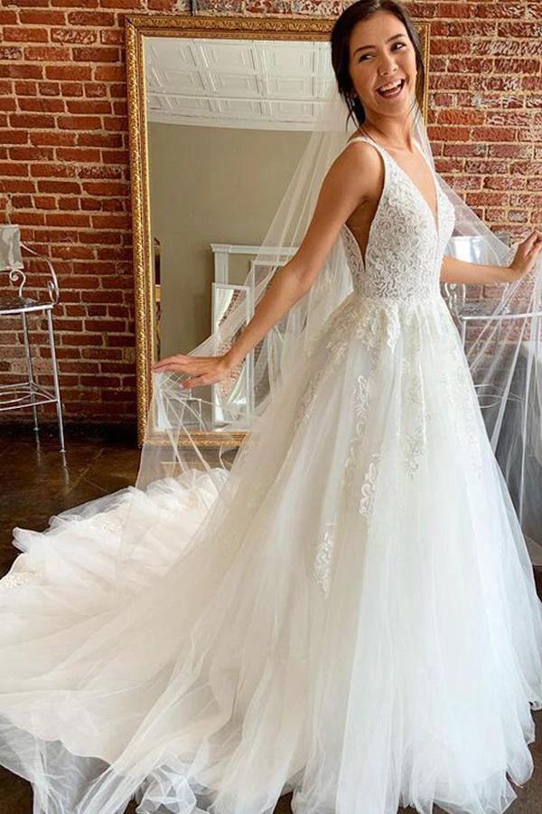 Gorgeous A-line V Neck Open Back Tulle Wedding Dresses with Appliques (ZD15277)