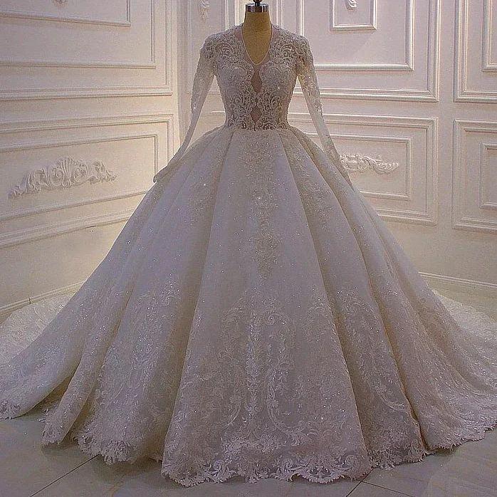 Gorgeous A-line White V-neck Long Sleeves Lace Sequined Wedding Dress (ZD14539)