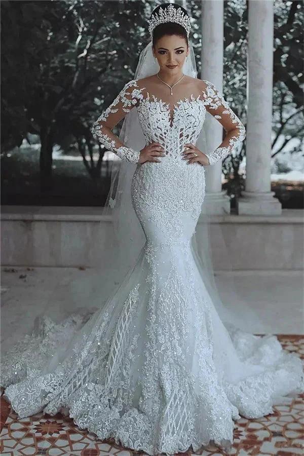 Gorgeous Beaded Lace Mermaid Wedding Dress leeves Sheer Tulle Appliques Bridal Wears (ZD16437)