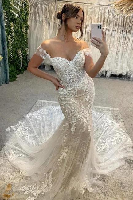 Gorgeous Column Lace Off-The-Shoulder Sleeveless White Wedding Dresses With Appliques Train (ZD15511)