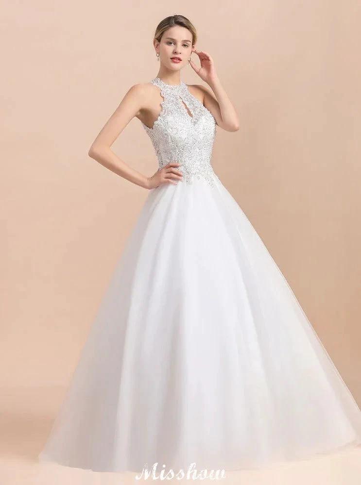Gorgeous Halter Rhinstones Wedding Dress White Tulle Lace Appliques Aline Bridal Gown (ZD16615)