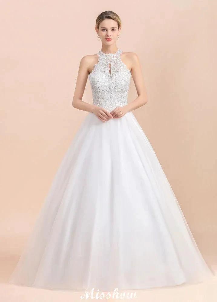 Gorgeous Halter Rhinstones Wedding Dress White Tulle Lace Appliques Aline Bridal Gown by misshow.com