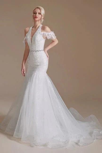 Gorgeous Halter Sleeveless Mermaid Floor-Length Tulle Wedding Dresses with Applique (ZD14662)