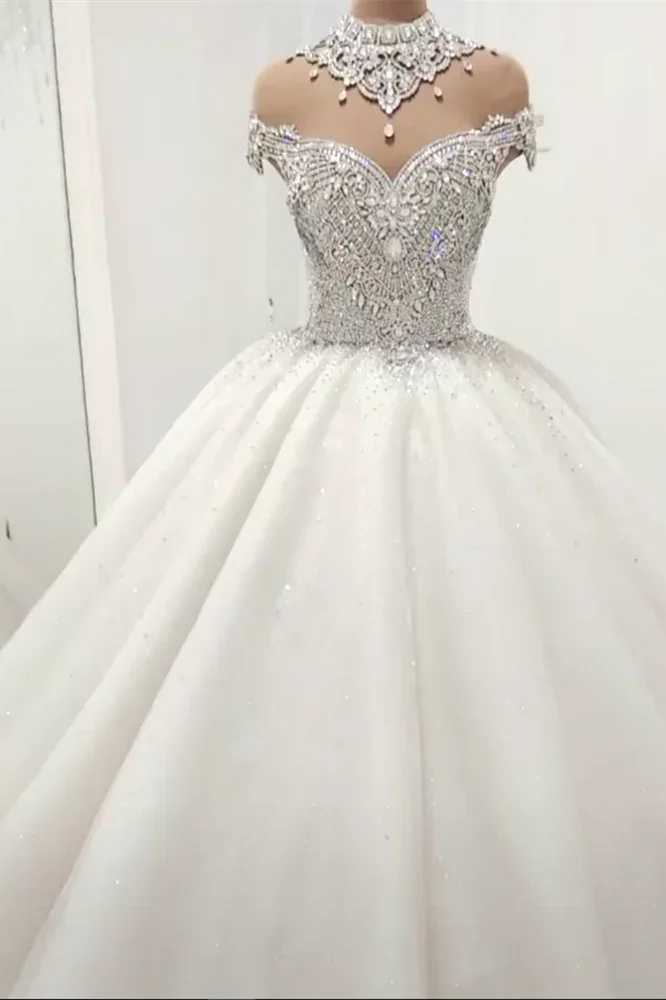 Gorgeous High Neck Crystal Beading Princess Wedding Dress (ZD13885) - VelvetHem