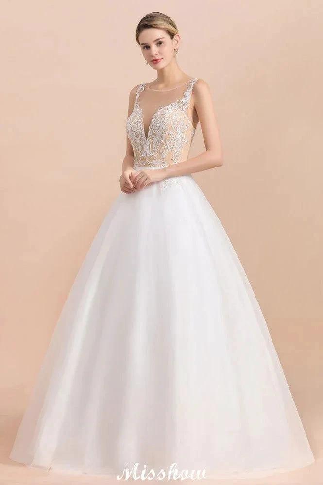 Gorgeous Illusion Neck Button Sleeveless White Ball Gown Wedding Dress (ZD13990)