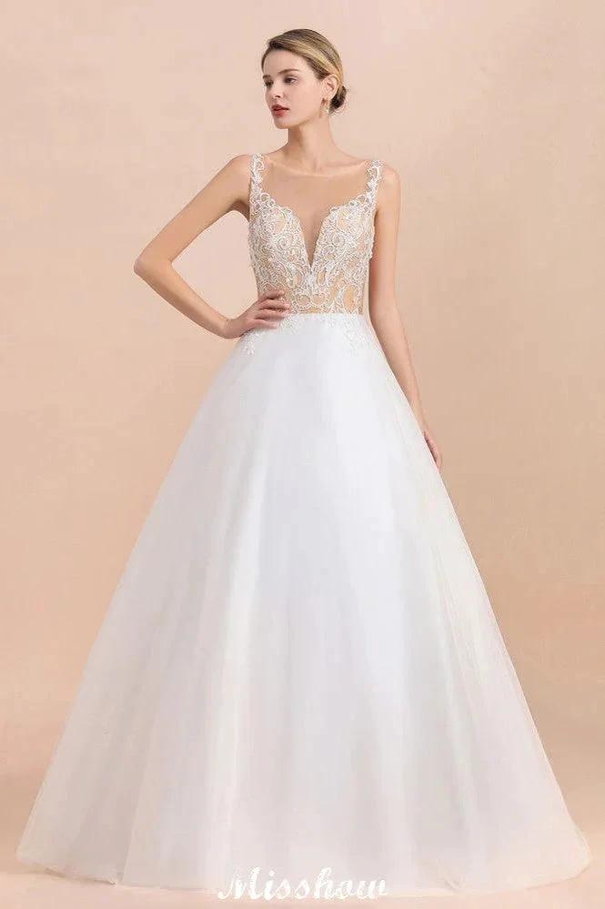 Gorgeous Illusion Neck Button Sleeveless White Ball Gown Wedding Dress (ZD13990)